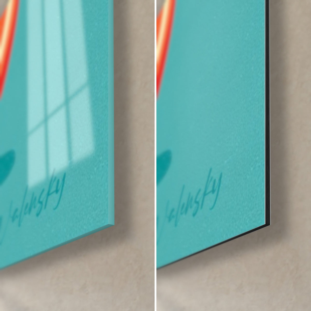Tableau avocat vert pointillé, signature Walensky sur fond turquoise : coin bas droit en verre brillant et en Dibond mat noir