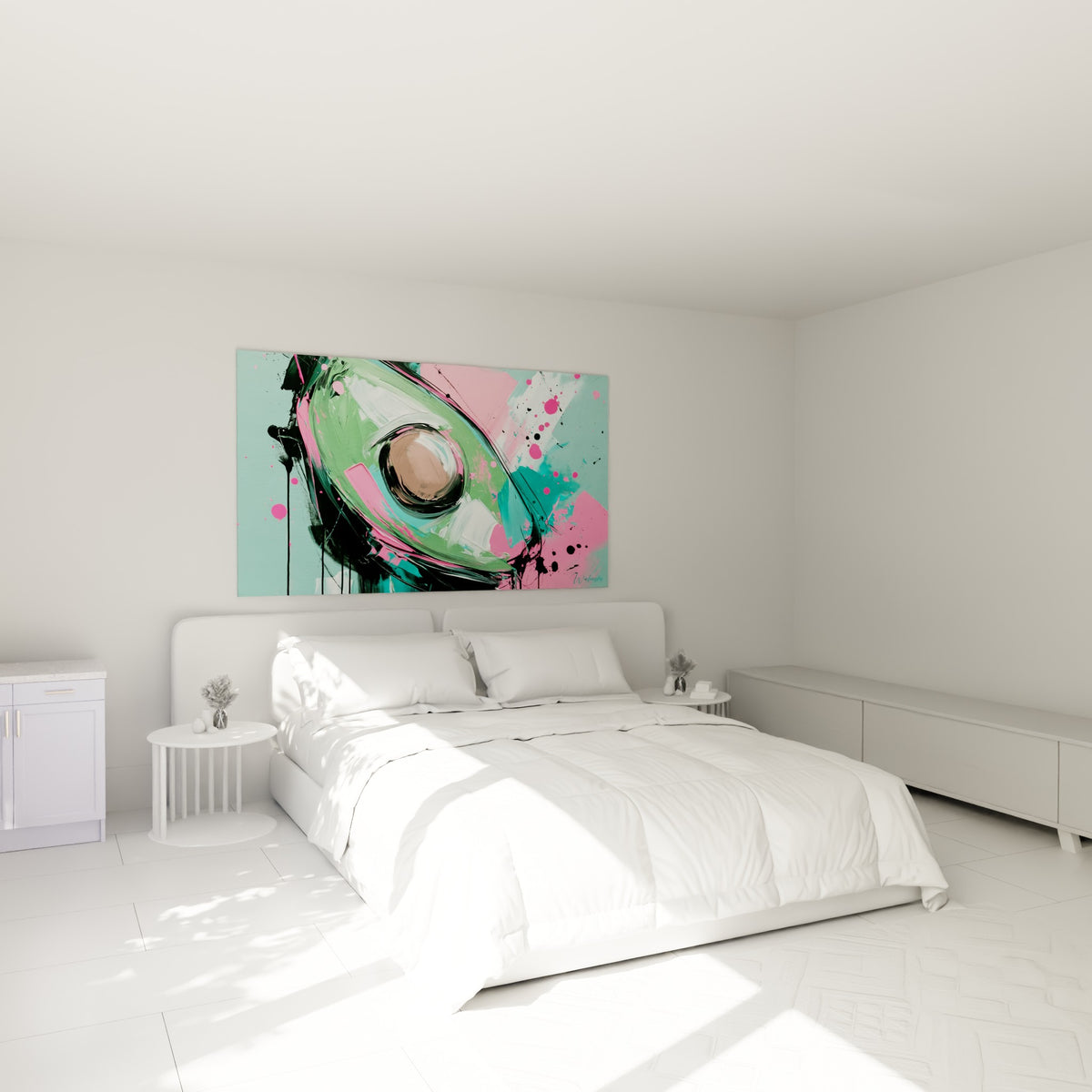 Fruit avocat stylisé en vert et rose vif accroché au-dessus d'un lit dans une chambre claire