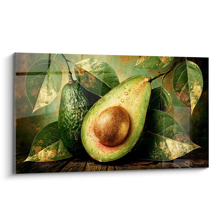 Tableau Avocat coupé vert et doré avec gouttes d'eau - Fraîcheur dorée - Edition Avocat