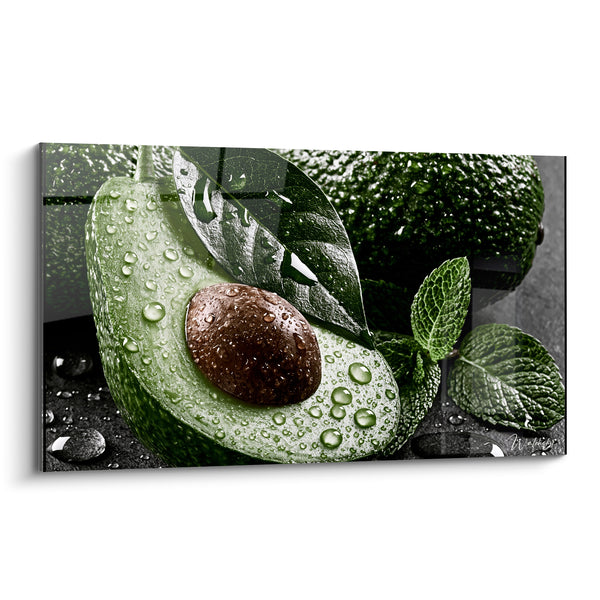 Tableau Avocat coupé vert et brun sur galets noirs - Feuille de menthe humide - Edition Avocat
