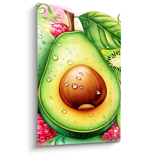 Tableau Avocat vert et rose entouré de framboises et kiwi - Feuille perlée de rosée - Edition Avocat