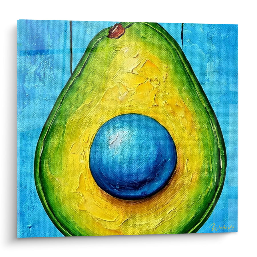 Tableau Avocat coupé jaune et bleu au noyau rond - Fraîcheur croquante - Edition Avocat