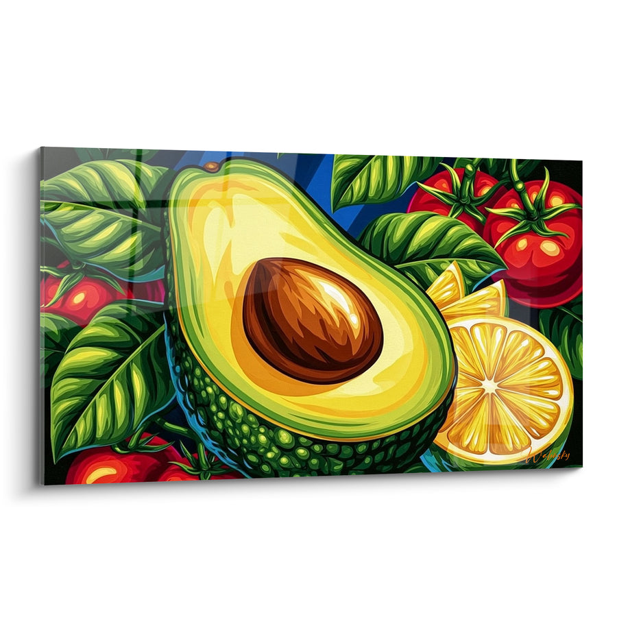 Tableau Avocat coupé jaune et vert entouré de tomates - Citron et feuillage vif - Edition Avocat