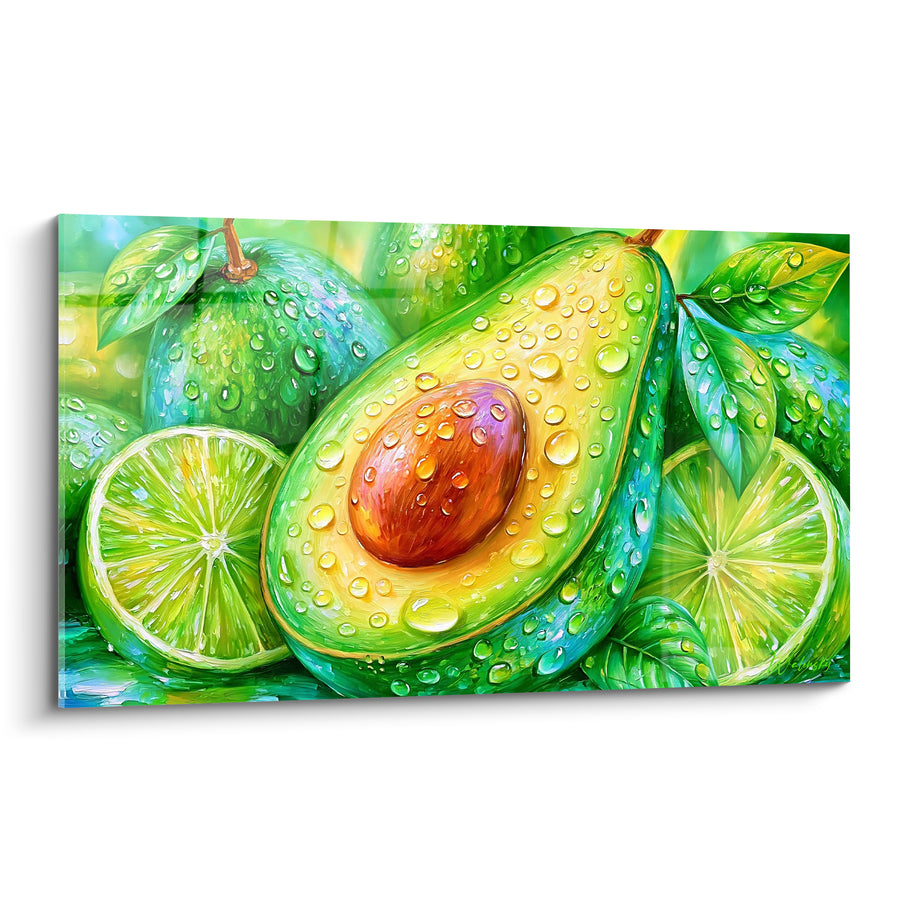 Tableau Avocat coupé vert et rouge entouré de citrons verts - Rondelles perlées de rosée - Edition Avocat