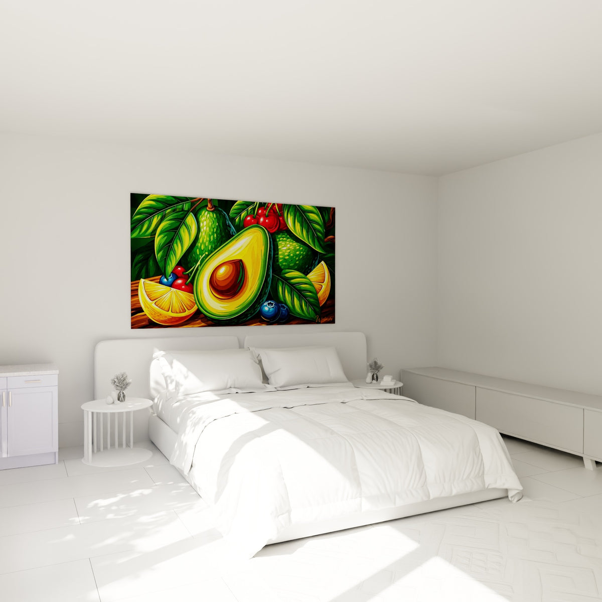 Avocat coupé aux tons dorés et verts, accroché au-dessus d'un lit dans une chambre claire