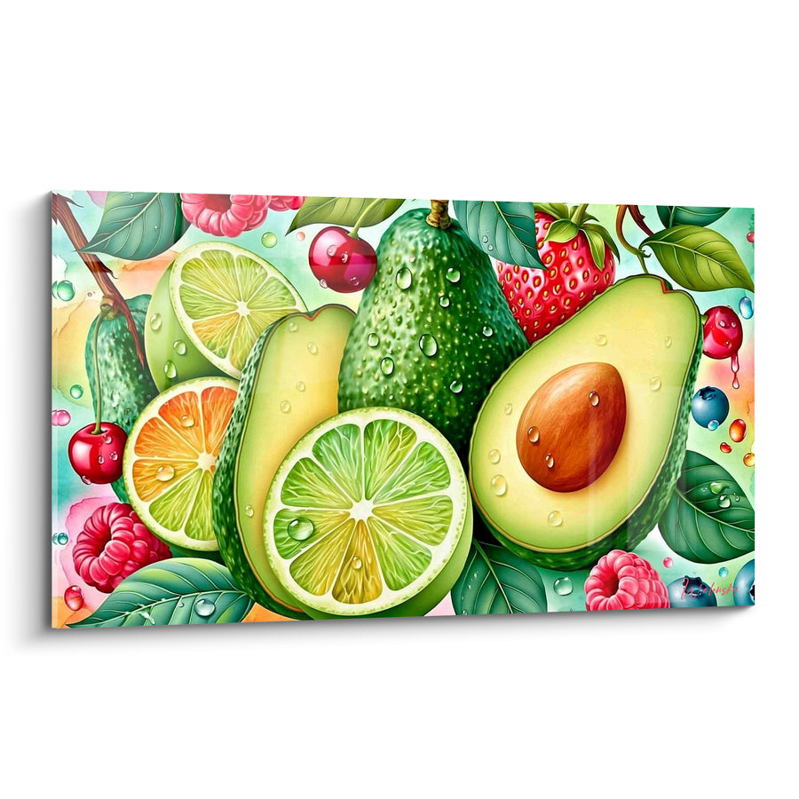 Tableau Avocat coupé vert et orange entouré de fraises - Framboises et myrtilles perlées - Edition Avocat
