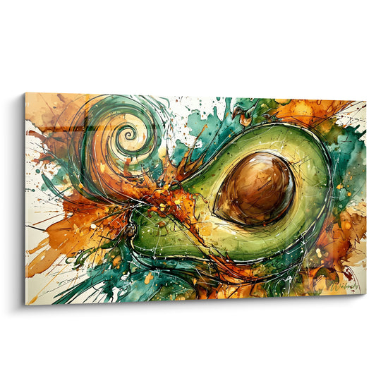 Tableau Avocat coupé vert et orange à la spirale tourbillonnante - Encre en volutes - Edition Avocat