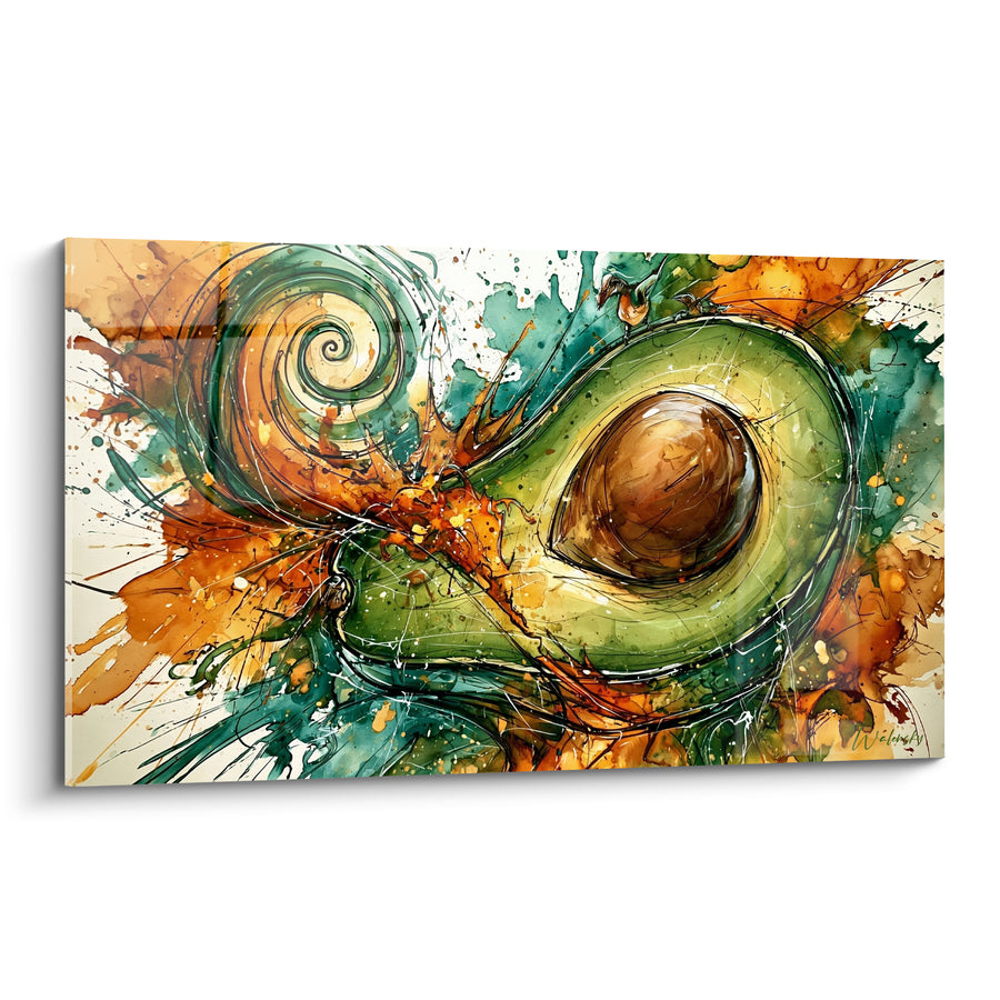 Tableau Avocat coupé vert et orange à la spirale tourbillonnante - Encre en volutes - Edition Avocat