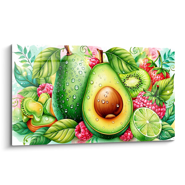 Tableau Avocat vert et rose entouré de framboises - Kiwi et citron vert - Edition Avocat