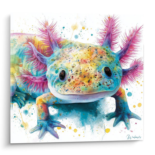 Cuadro de Axolote con Colores Vivos y Salpicaduras Artísticas - Acuarela Fantástica - Edición Axolote