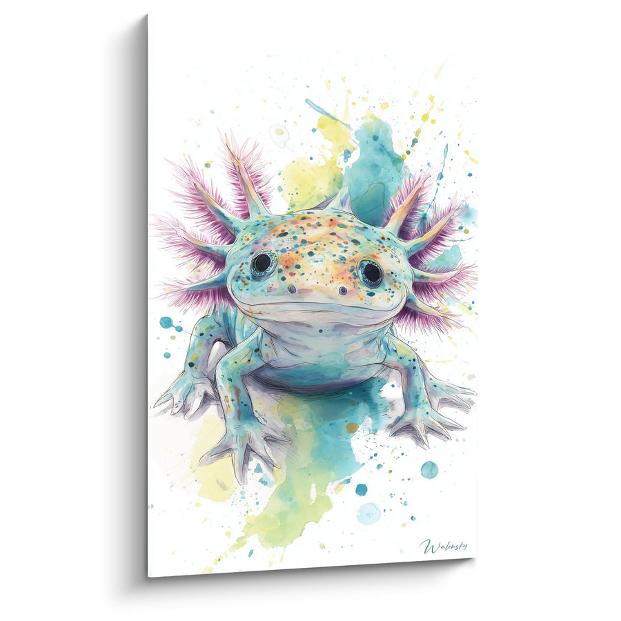 Axolotl Aquarell Gemälde Türkis und Rosa mit zarten Kiemen - Aquatischer Charme - Axolotl Edition