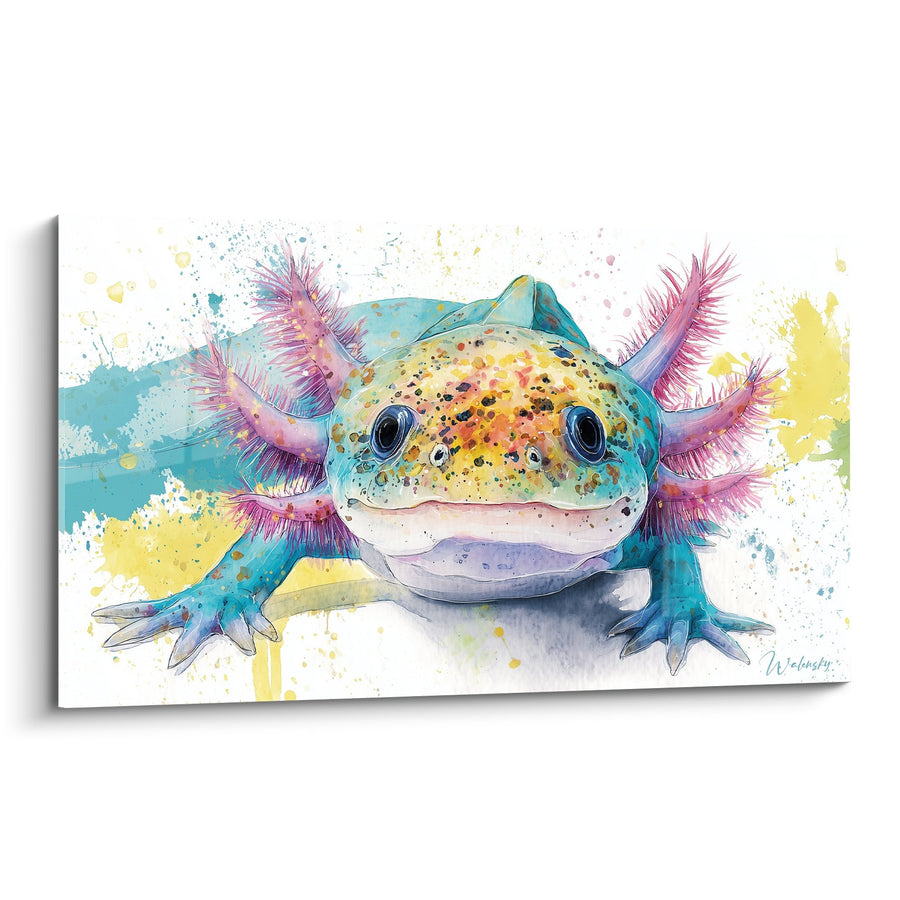 Axolotl Aquarellbild Türkis und Rosa mit violetten Kiemen – Aquatischer Glanz – Axolotl Edition