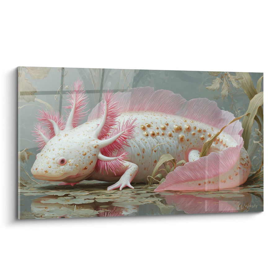Weißes Axolotl Gemälde mit rosafarbenen Kiemen in seiner aquatischen Umgebung - Aquatische Sanftheit - Edition Axolotl