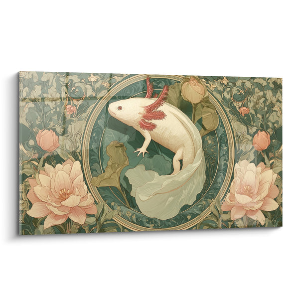 Tableau Axolotl Blanc aux Branchies Roses sur Médaillon Fleuri Vert - Créature Aquatique Élégante - Edition Axolotl