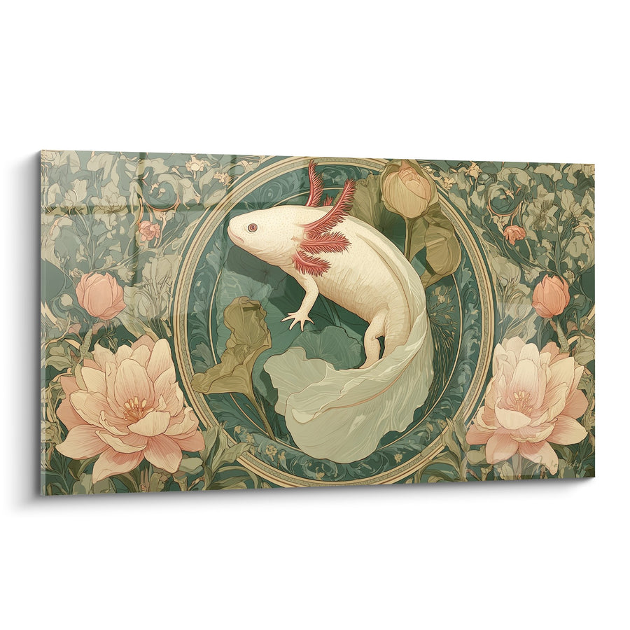 Weißes Axolotl-Gemälde mit rosa Kiemen auf grünem Blütenmedaillon - Elegante aquatische Kreatur - Axolotl-Edition