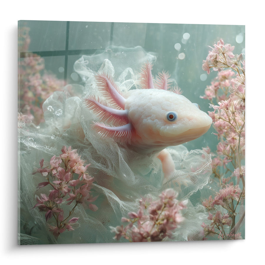 Weißes Axolotl-Gemälde mit rosa Kiemen umgeben von Spitzen und Blumen - Aquatische Träumerei - Axolotl Edition