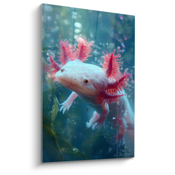 Roze Kieuw Axolotl Schilderij in de Blauwe Diepten - Aquatisch Mysterie - Axolotl Editie