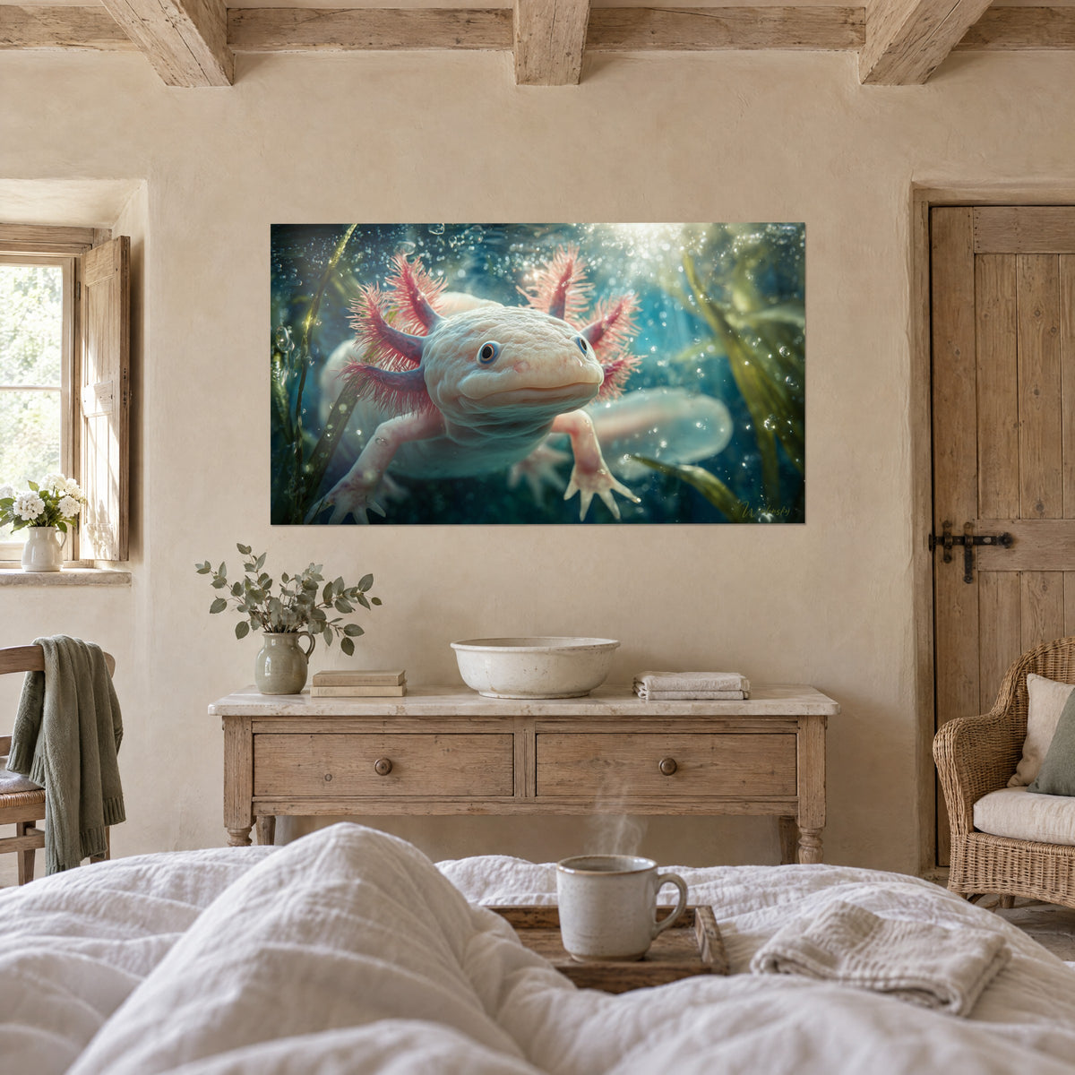 Wall art rosy amphibian with purple feathery gills, deep blue water and golden light, above a bed in a light bedroom