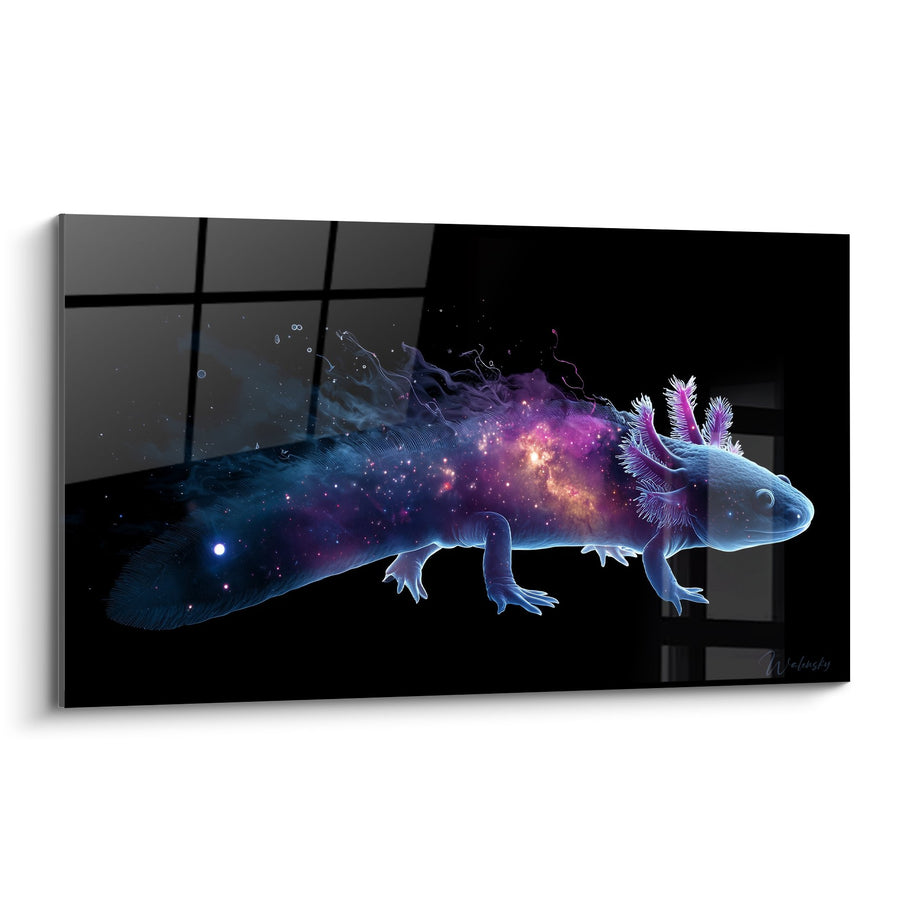 Axolotl Kosmisches Bild Blau und Violett auf schwarzem Hintergrund - Galaktisches Wesen - Axolotl Edition