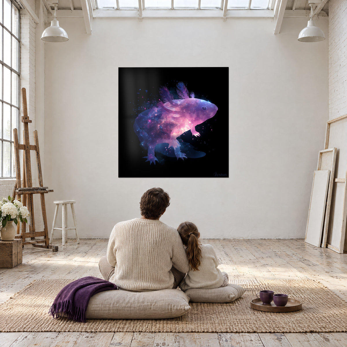 Schilderij nevelig dier met roze randen en diepblauwe weerspiegelingen, ouder en kind van achteren zittend op grijze kussens, loft
