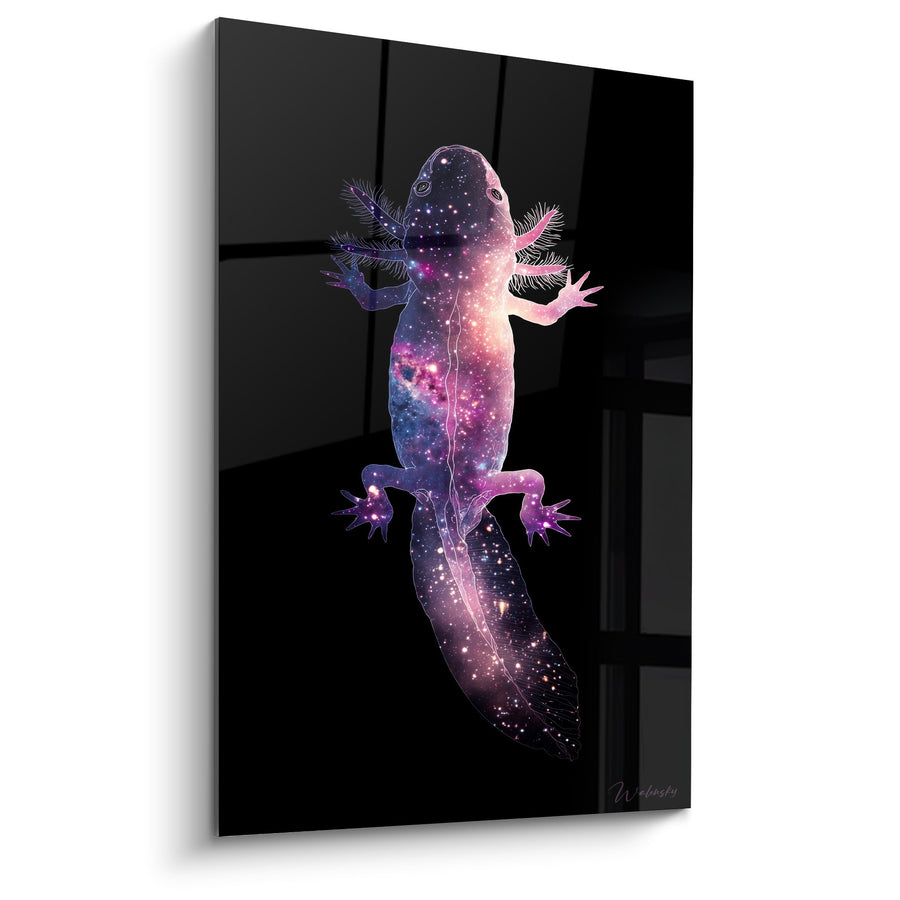 Kosmisches Axolotl-Gemälde in Violett- und Rosatönen - Stellarisches Wesen - Edition Axolotl