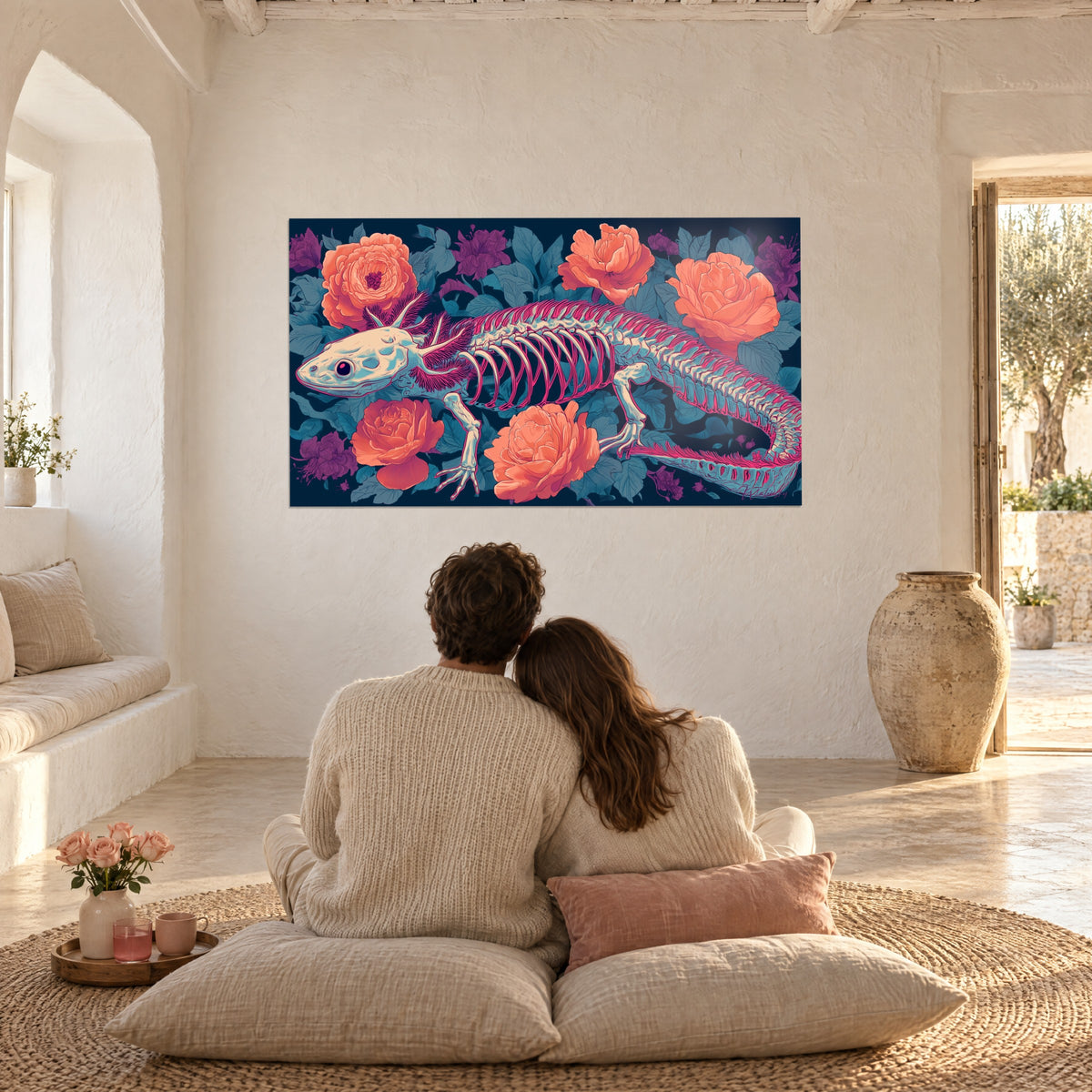 Quadro axolotl ossificato in rosa e turchese sotto peonie corallo e viola, coppia abbracciata su cuscini in una stanza mediterranea