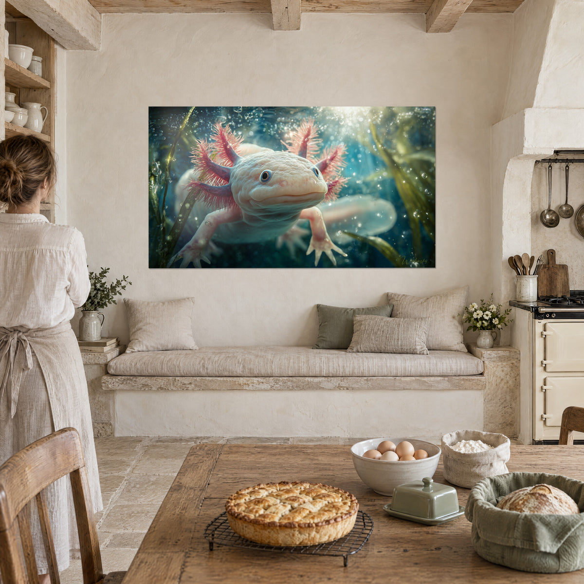 Wall art small pearly white lake monster, raspberry gills and swaying green seaweed, stone wall of a rustic kitchen