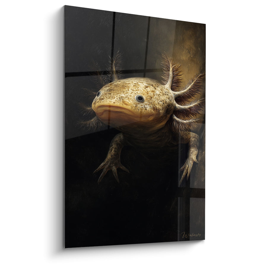 Goldenes Axolotl-Gemälde mit ausgebreiteten Kiemen in warmer Beleuchtung - Aquatisches Wunderwerk - Axolotl Edition