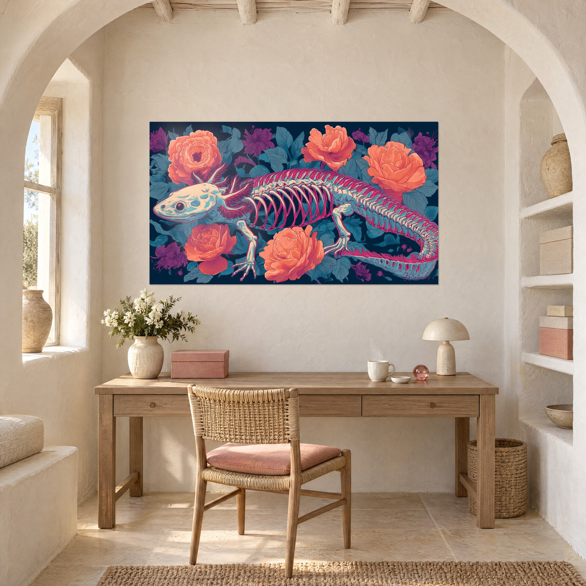 Quadro rettile scheletrico dalle branchie lampone su fogliame grigio-azzurro e petali arancioni, sopra una scrivania in legno chiaro