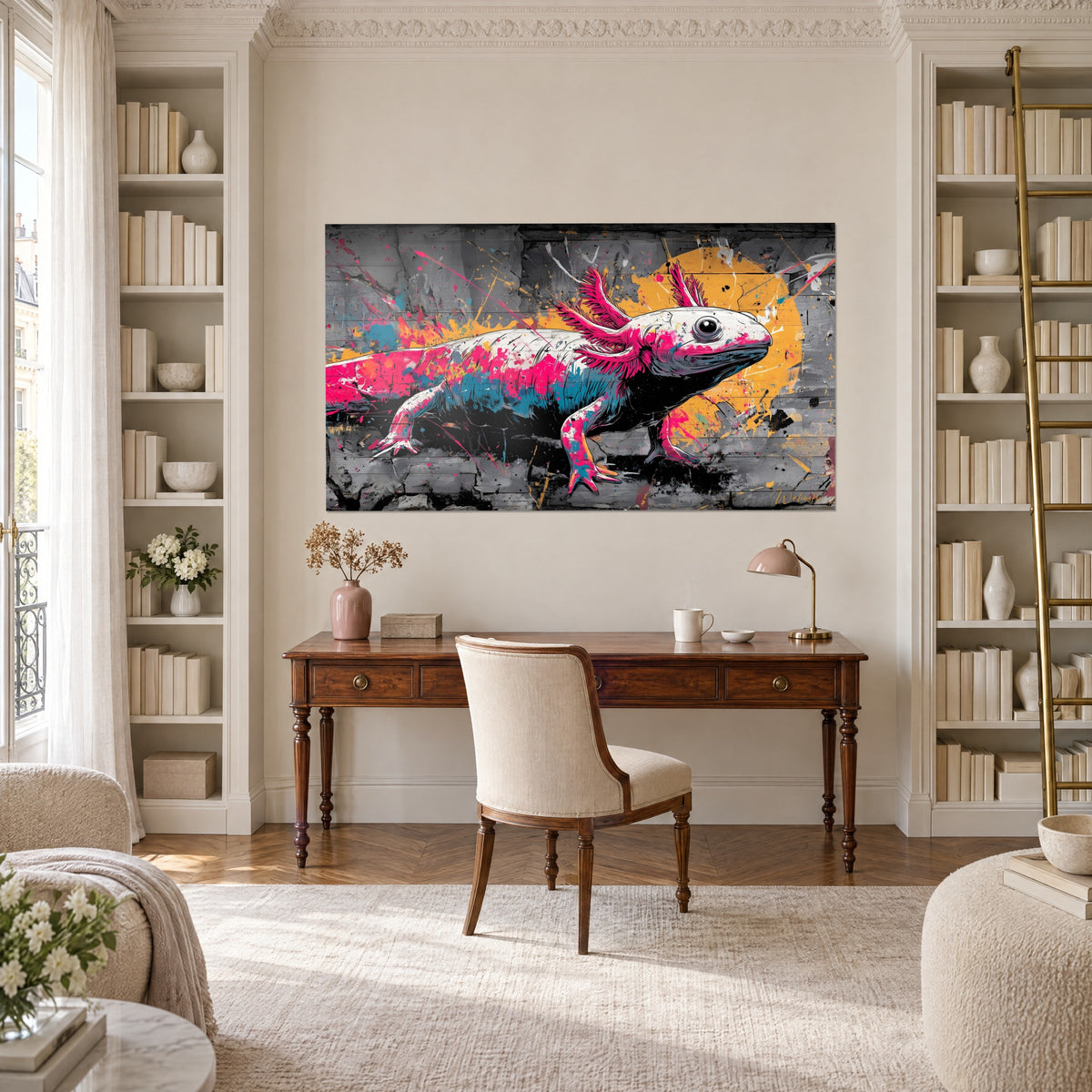 Quadro creatura acquatica dallo sguardo tondo e nero, piume magenta e sfondo arancio, tocco urbano sopra una scrivania in legno tra due librerie