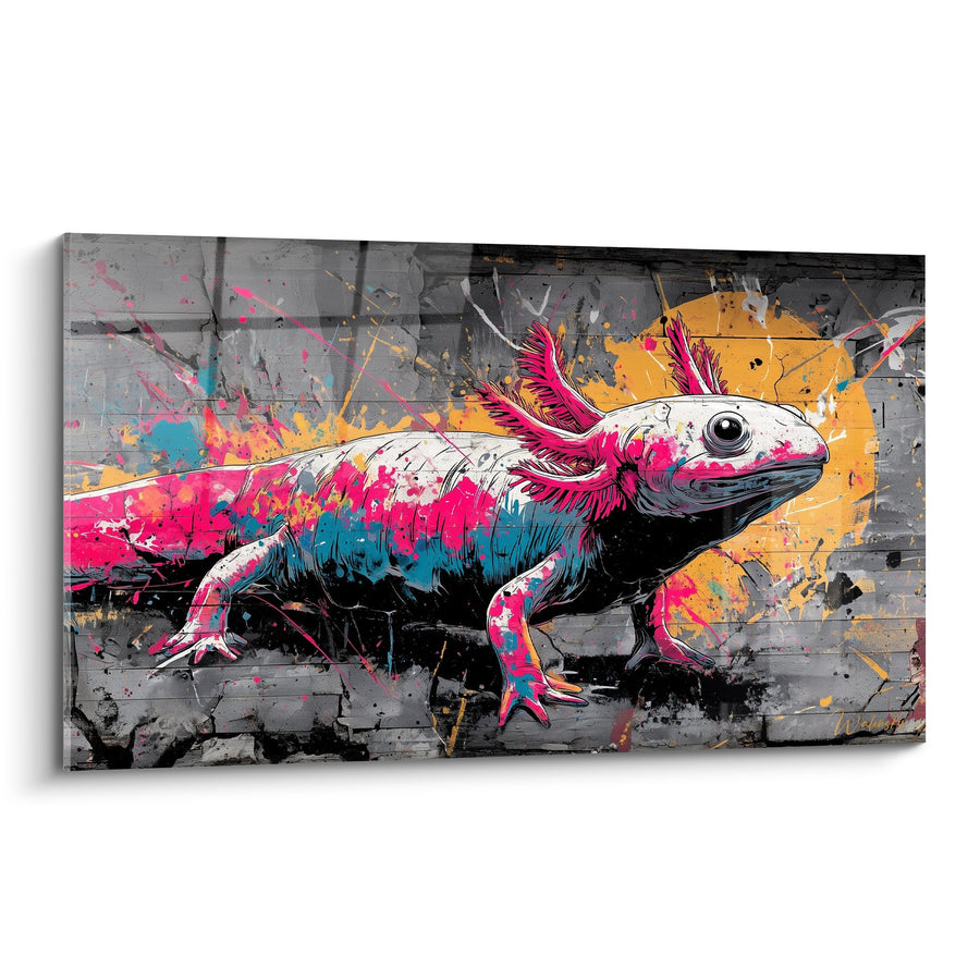 Axolotl-Gemälde Rosa und Türkis auf Graffiti-Hintergrund - Urban Glanz - Axolotl-Edition