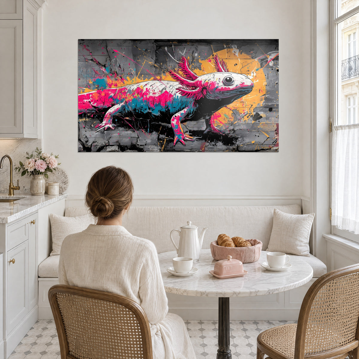 Quadro lucertola d'acqua street art, pelle bianca schizzata di rosa vivo e blu, muro grigio screpolato, di fronte a un tavolo da colazione