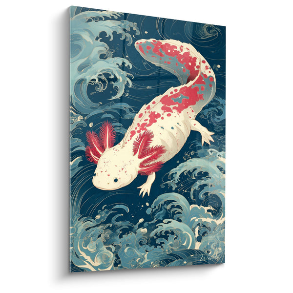 Obraz Axolota Albinosa z Czerwonymi Płetwami w Japońskich Falami - Fuzja Wodna - Edycja Axolotl