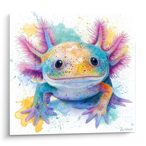Obraz Axolotla Wielokolorowego z Fioletowymi Żabrami - Blask Wodny - Edycja Axolotl