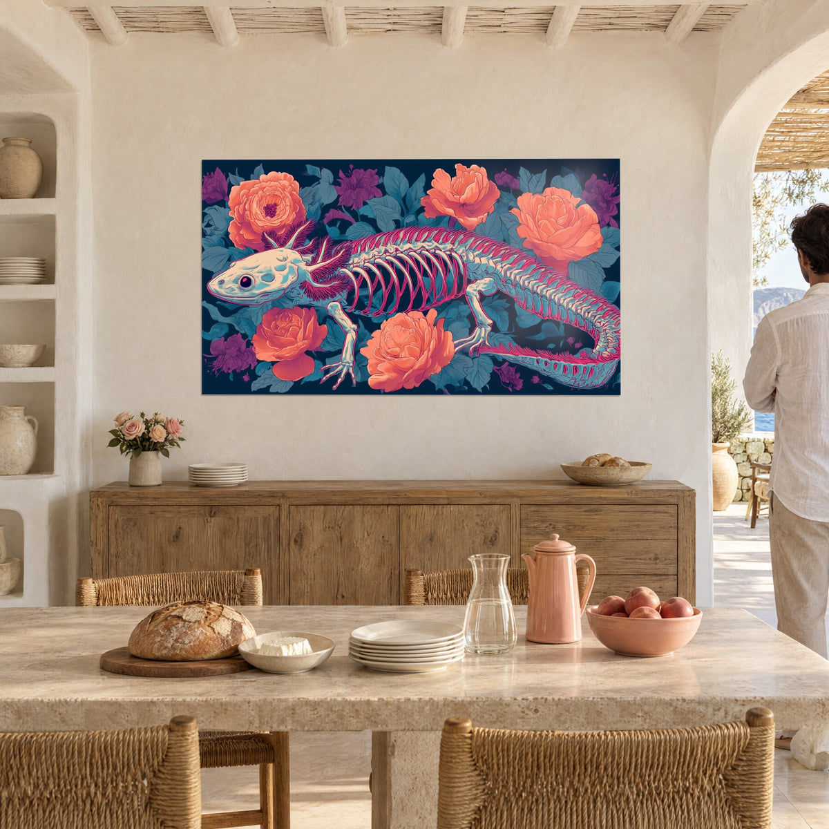 Quadro anatomia di un anfibio rosa e avorio circondato da peonie salmone, pasto servito su un tavolo di pietra in una casa mediterranea