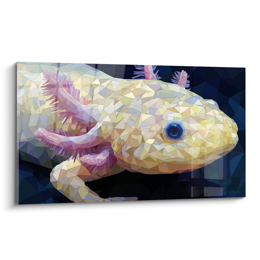 Facettiertes Axolotl-Gemälde mit goldenen Tönen und rosafarbenen Kiemen - Zeitgenössische polygonale Kunst - Edition Axolotl