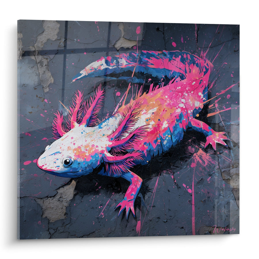 Axolotl-Gemälde Rosa und Blau künstlerische Spritzer - Aquatische Fusion - Edition Axolotl