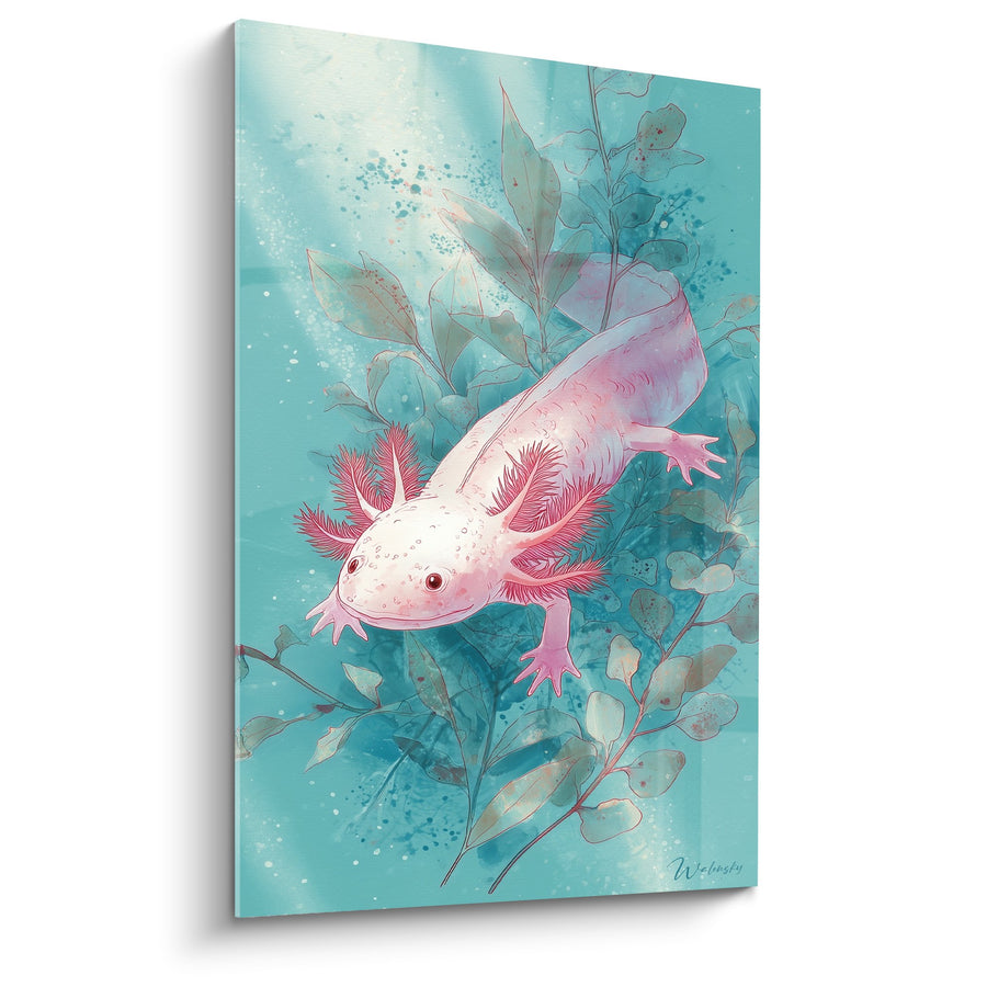 Axolotl-Bild Rosa mit Scharlachrot-Kiemen in türkiser Aquatischer Vegetation - Unterwasser-Anmut - Axolotl Edition