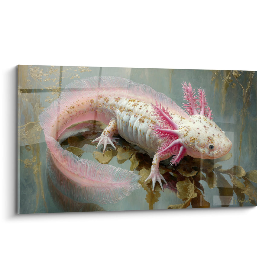 Axolotl Gemälde Rosa und Weiß mit Seidigen Kiemen im schimmernden Becken - Aquatische Anmut - Axolotl Edition