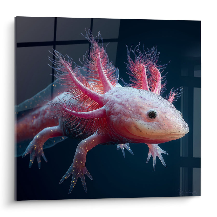 Axolotl-Gemälde Rosa mit farbigen Kiemen in dunklem Aquarium - Amphibische Schönheit - Axolotl-Edition