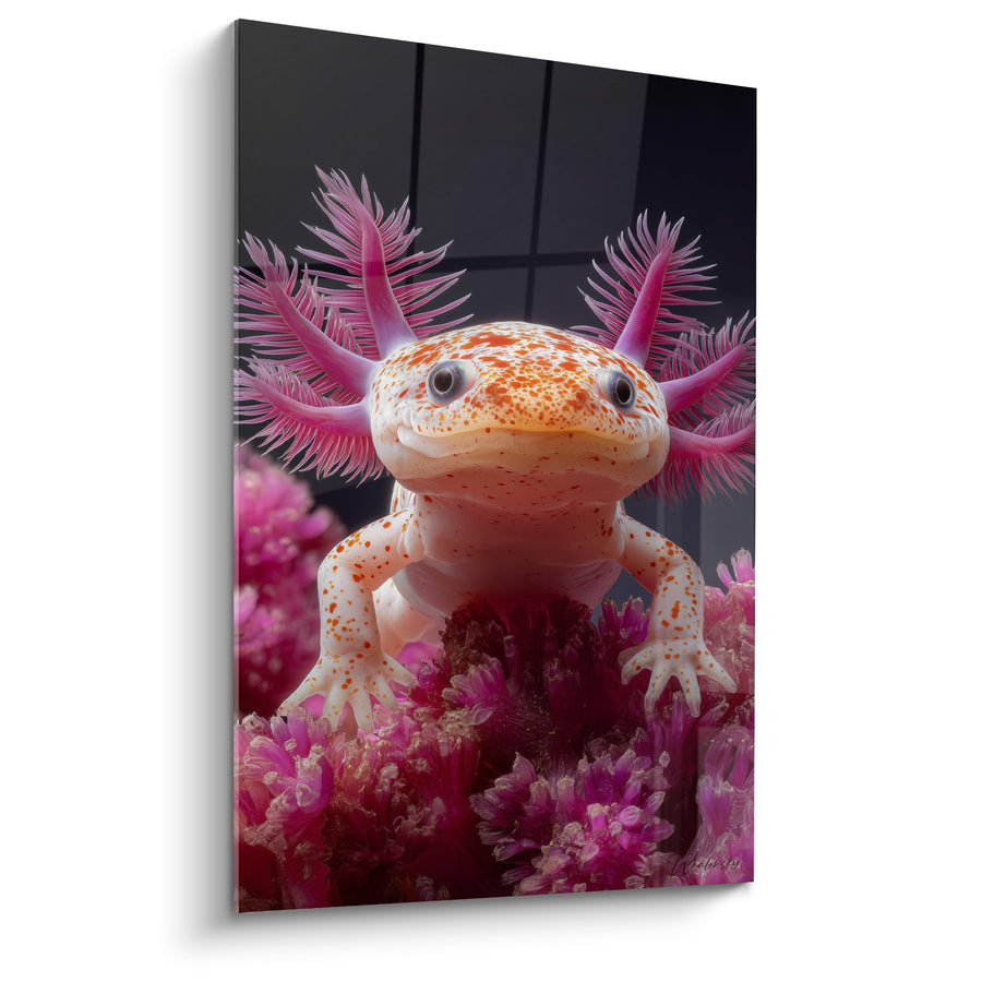 Axolotl-Bild Rosa mit Majestätischen Kiemen auf Violetten Korallen - Faszinierende Wasserwesen - Axolotl Edition