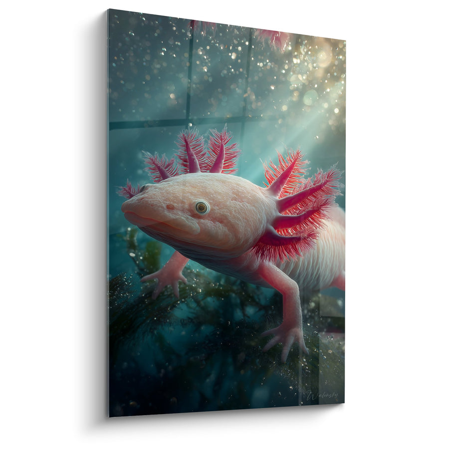 Axolotl-Gemälde mit rosa Körper und scharlachroten Kiemen in leuchtendem Aquariumbläschen - Tiefengeheimnis - Axolotl Edition