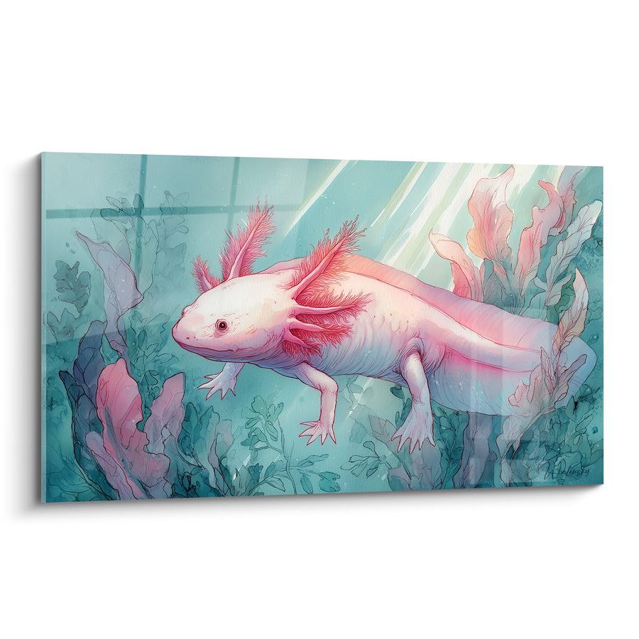 Rosa Axolotl-Kunstdruck mit Korallenähnlichen Kiemen im türkisfarbenen Aquatischen Garten - Subaquatische Zärtlichkeit - Axolotl Edition