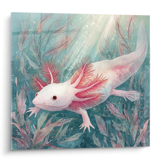 Axolotl Roze met Koraalachtige Kieuwen in Turquoise Waterplantentuin - Onderwater Wonder - Editie Axolotl