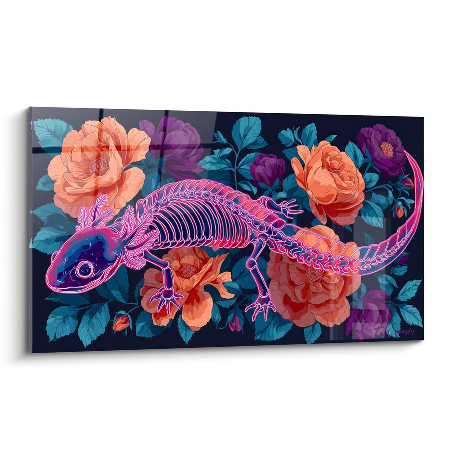 Axolotl-Gemälde Rosa und Violett auf orangefarbenen Blüten - Florale Anatomie - Axolotl Edition