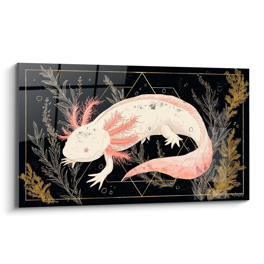 Axolotl-Bild Rosa und Koralle auf schwarzem Hintergrund mit goldenen geometrischen Mustern - Mystisches Wasserwesen - Axolotl Edition