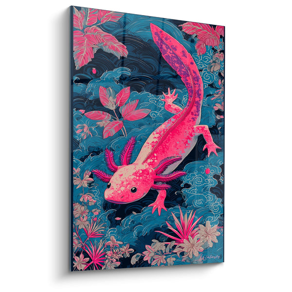 Quadro Axolotl Rosa con Pinne Spiegate su Fondo Acquatico - Grazia Anfibia - Edition Axolotl