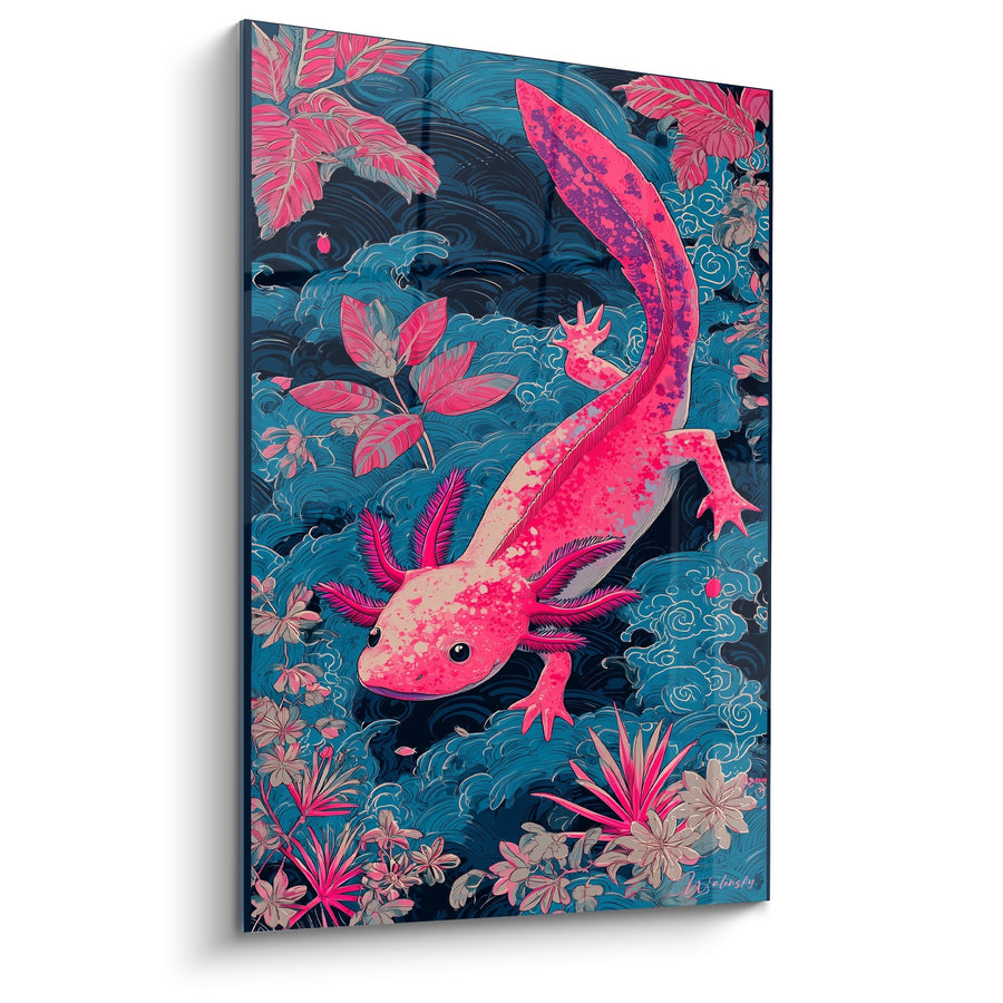 Rosa Axolotl Gemälde mit ausgebreiteten Flossen auf aquatischem Hintergrund - Amphibische Anmut - Axolotl Edition