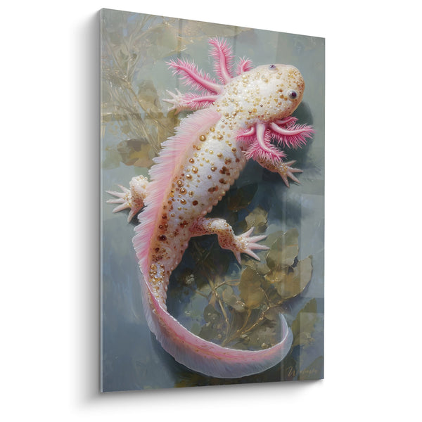 Tabel axolotl roze pastel met gouden stipjes drijvend tussen waterplanten - Aquatische Gratie - Editie Axolotl