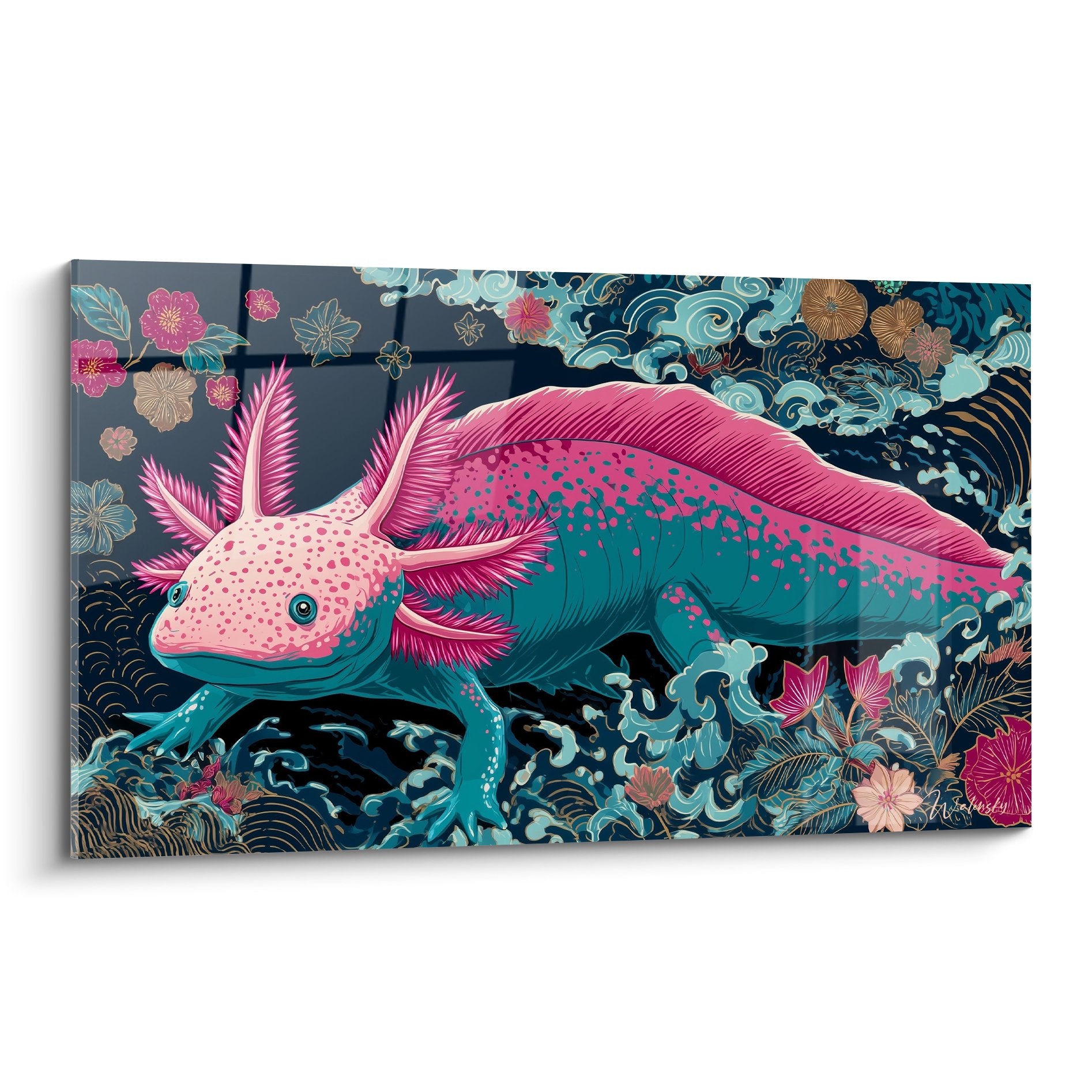 Tableau artistique axolotl rose et turquoise avec motifs floraux japonais et vagues stylisées sur fond bleu marine
